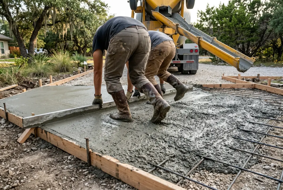 Two workers spreading fresh concrete over steel inside driveway forms